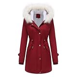 Pegsmio Chaqueta de invierno para mujer, cuello desmontable, parka con capucha, abrigo de algodón, granate, M