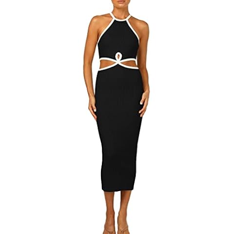 KMOLY Women's Cut Out Waist Bodycon Midi Dress Sexy Backless Sleeveless Spaghetti Strap Party Tank Dresses Black Cover