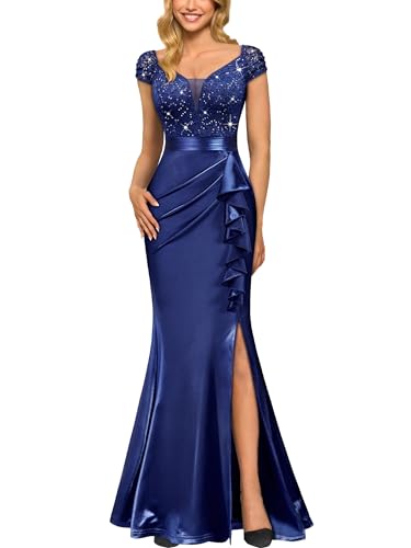 Miusol Women's Vintage V-Neck Slim Style Ruffle Split Evening Formal Maxi Dress