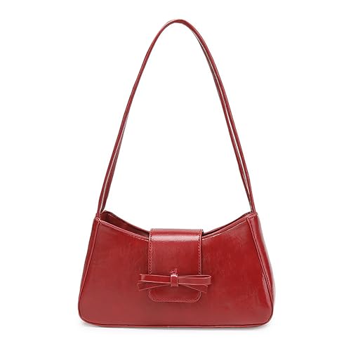 Image of Red Purse for Women Cute Bow Vintage Small Red Shoulder Bag Trendy Y2K Purses Mini Purse Leather Shoulder Handbag Y2K Bags for Girls