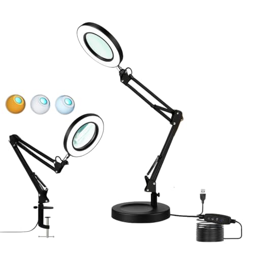 Luminária LED com Lupa e Ring Light, Articulada para Mesa Bancada, 3 Modos de Cor, Aumento 10X, com Garra Base Mesa e Controle de Intensidade, Preta