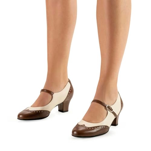 Women's Mary Jane Kitten Heel Two Tone Splicing Wingtip Pumps Closed Round Toe 1.8 Inch Chunky Heel with Ankle Strap Oxford Style Party Office Lady Dress Pumps Shoe3