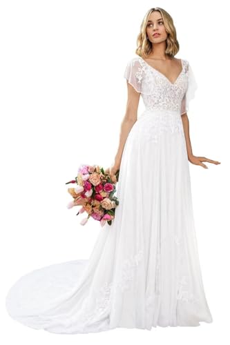 Rxvdhoa Women Bohemian Tulle Wedding Dresses for Bride 2026 White