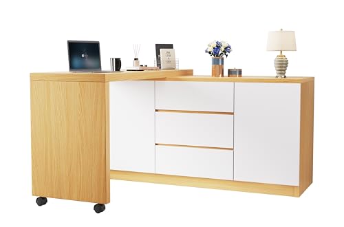 Merax Schreibtisch mit feststellbaren Rollen, 360° drehbare Tischplatte, mit Kommode, 2 Schranktüren & 3 Schubladen, für Büro oder Wohnung, Weiß/Holzfarbe