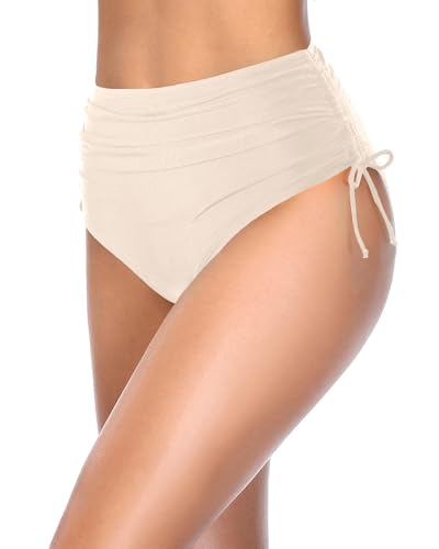 Image of Holipick Women's High Waisted Bikini Bottom | Tummy Control Ruched, Full Bum Coverage, Full Lining, Adjustable Drawstring Tie Side, Swimming, Beach