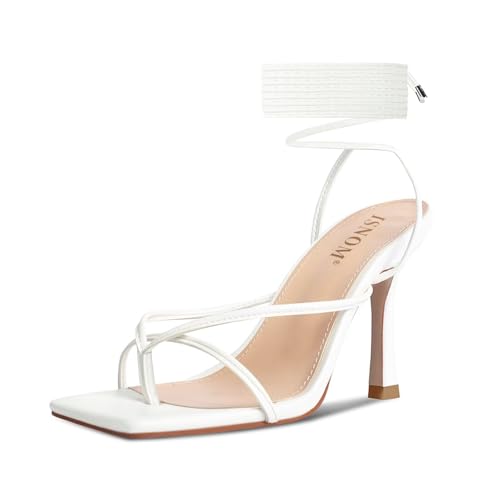 Image of ISNOM Lace Up Heels Sandals for Women - Square Open Toe, Stiletto High Heel