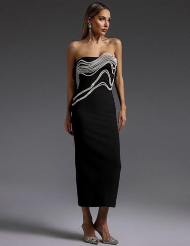 BELLA BARNETT Black Strapless Shining Irregular Silver Wave Chains Cocktail Dress Stylish Visual Impact Bodycon Elegant Dress2