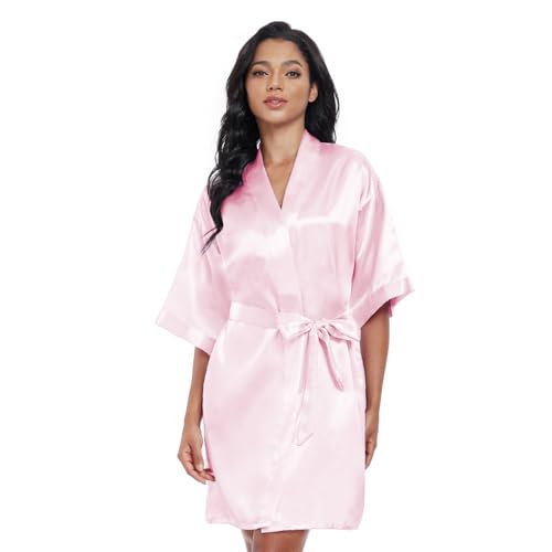 Image of Women's Short Satin Robes Lightweight Silky V-Neck Sleepwear Wedding Bridal Party Bride Bridesmaid Bathrobes