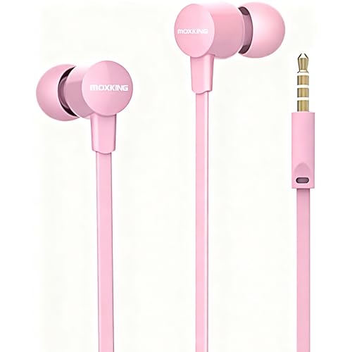 MOXKING In-Ear Kopfhörer mit Kabel für kleine Ohren, Mikrofon & Lautstärkeregler, flaches Kabel, ideal für Frauen & Kinder (Rosa)