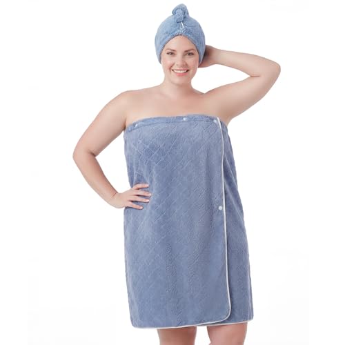 H HomeZzz Towel Wrap for Men (L-XL) with Hair Towel Wrap, Microfiber Bath Wrap Soft & Comfortable Absorb Water Body Wrap Oversized Button Design, Blue