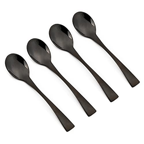 Snplowum 4 Piece Salad Spoon, Mirror Polish Round Spoon 18/10 Stainless Steel Serving Spoon, Black 8.22 inch