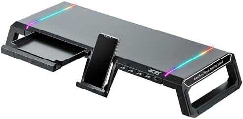 acer Ergo Multifunction Monitor & Laptop Stand Featuring RGB Lighting and a 4-Port USB Hub with Aluminum Multi Keyboard Storage Space Bar, Suitable for Both Office and Home Environments (Black)