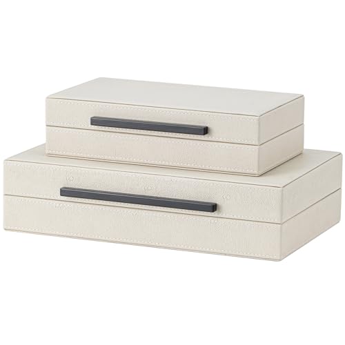 Set of 2 Beige Shagreen Decorative Storage Boxes with Black Metal Handles – Faux Leather Jewelry & Memory Boxes, Nesting Photo Organizers for Home Decor