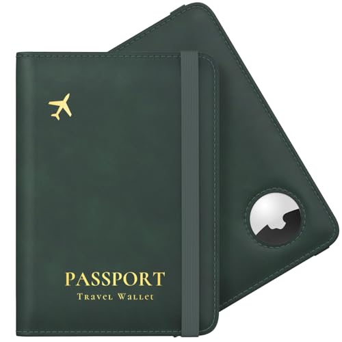 Air Tag Passport Holder Cute Passport Holder with Air tag Slot RFID Passport Wallet Cover for Women Family Leather Passport Protector Case Anti-Lost Travel Essentials (Green)