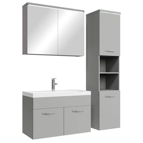 Badplaats Badmöbel Komplettset Paso LED 80 x 40 cm Grau Matt - Badezimmermöbel mit Waschbecken, Spiegelschrank und Badezimmerschrank