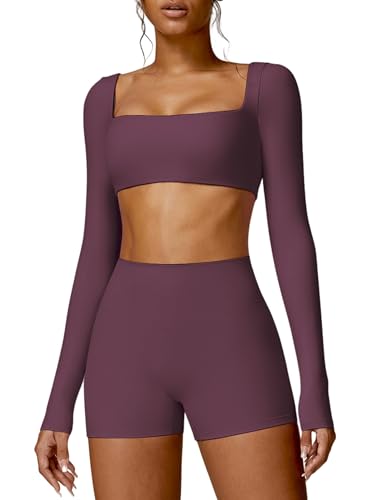 Image of ABOCIW Women Square Neck Long Sleeve Workout Crop Top Low Medium Impact Athletic Yoga Gym Shirts with Built in Bra(ONLY TOP)
