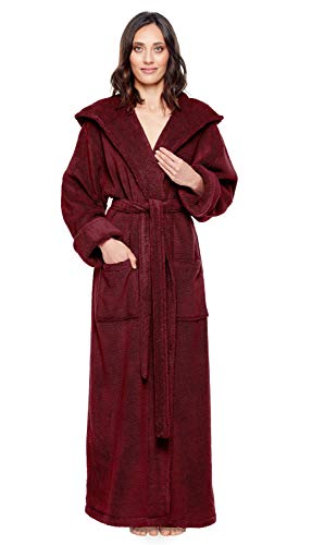 Arus Women's Full Length Long Hooded Soft Twist Robe Turkish Cotton Bathrobe Burgundy Large