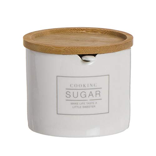 ROCKING GIFTS Azucarero Redondo de cerámica con Tapa de bambú (8 cm), Color Blanco: Elegancia y funcionalidad para tu Cocina