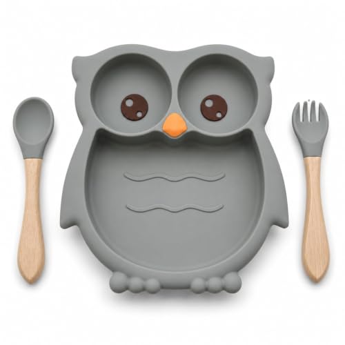 Image of BabyGo Silicone Suction Plate for Babies & Toddlers | 3-Section Owl-Shaped Feeding Set | Strong Suction Cups | BPA-Free, Microwave Safe | Self-Feeding| 1 Plate & 2 Spoons | Grey