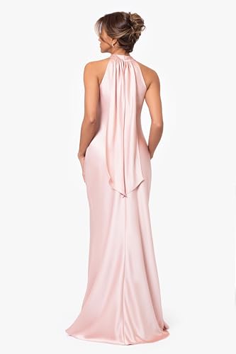 Image of Xscape Evenings Women's Long, Ruched Bodycon Low-Sheen Cross Front Halter Neck Evening Dress with Ruffle Detail