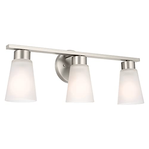 Image of Kichler Stamos 3-Light Bathroom Vanity Light Fixture with Satin Etched Glass Shades, 22 in Modern Wall Mount Light in Brushed Nickel for over Mirror (22 in x 5 in x 8 in), 55121NI