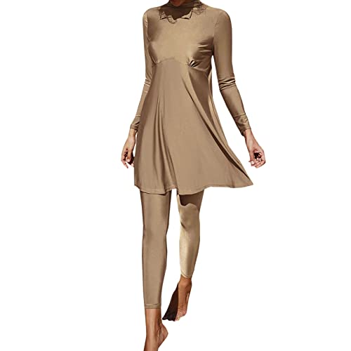 Generisch Tankini Mujer Traje de Baño Abdominal Conjunto Mujeres Verano Burkini Musulmán Femenino Traje de Baño de Dos Piezas Traje de Baño Manga Larga Playa Manga Larga Tops, caqui, XL