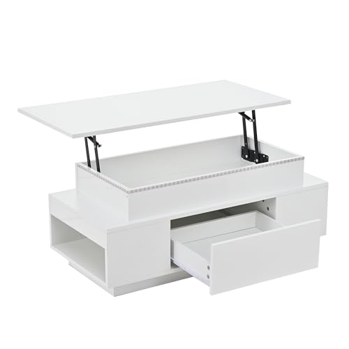 Wiuzo Couchtisch Höhenverstellbarer Kaffeetisch mit Verstecktem Stauraum und Schublade, 96x45x40cm Hochglanz Wohnzimmertisch, LED Sofatisch,Weiß – Bild 6