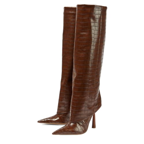 Image of Goolita Fold Over Boots For Women, Pointed Toe Stiletto Heel Knee High Boots Fashion Comfortable Slip On Tall Boots
