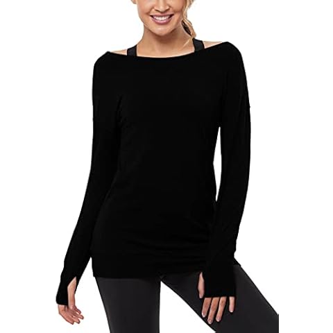 Muzniuer Womens Long Sleeve Yoga Tops Shoulder Tops Workout Tops Long Shirts for Women Long Sleeve Sports Shirts for Women Running Shirts Black XL Cover