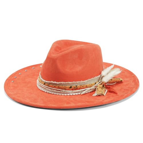 H.Busque Boho Western Hat Big Wide Brim Fedora Hat Felt Panama Hat Dress Up Hat for Men Women Orange