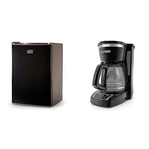 Image of BLACK+DECKER BCRK25B Compact Refrigerator Energy Star Single Door Mini Fridge with Freezer, 2.5 Cubic Feet, Black & CM1160B 12-Cup Programmable Coffee Maker, Black /Stainless Steel