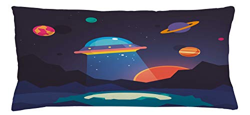 Lunarable Outer Space Throw Pillow Cushion Cover, Cartoon Like Image with UFO Spaceship Universe Theme Planets Sun Artwork Print, Decorative Rectangle Accent Pillow Case, 36