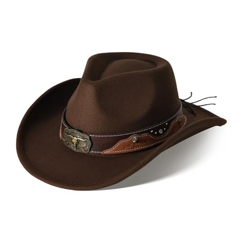 Cowboyhut Damen Herren Westernhut Fedora Hut Breiter Krempe mit Lederband (Braun 6#)