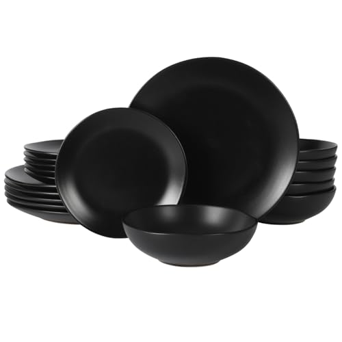 Image of Gibson Home Bethel 18 Piece Plates and Bowls Ceramic Stoneware Organic Shape Dinnerware Set (Service for 6) - Matte Black