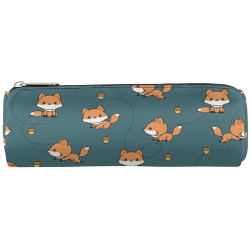 Image of Playful Baby Foxes Canvas Pencil Case Bag, Cute Fox Cylinder Zippe Pencil Case Storage Pouch Simple Stationery Bag for Middle High School Office College Student