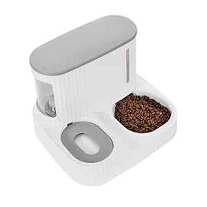 Automatic Cat Feeder,Gravity Auto Timed Pet Dry Food Self Feeding Container Dishes Bowl and Water Dispenser Fountain for Dog Puppy Kitten Kit Set Integrated 2 in 1 Continuous Tray(Grey)