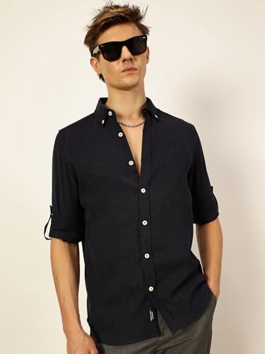 Image of Thomas Scott Men's | Solid | Textured Fabric | Full Sleeve | Slim Fit | Polyester-Blend | Spread Collar | Casual Shirt