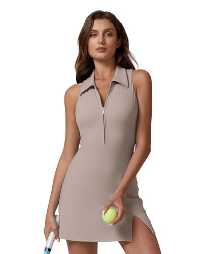Image of QINSEN Womens Zip Front Tennis Dress Polo Collar Racer Back Workout Golf Dresses Build in Shorts with Pockets