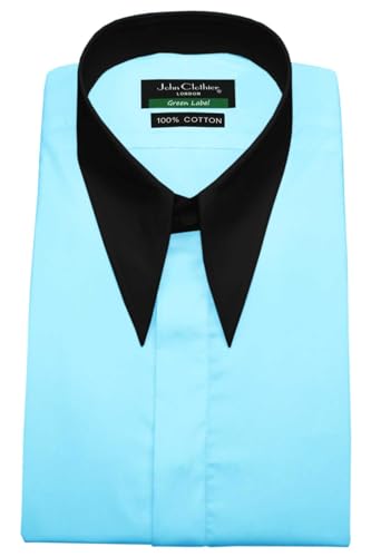 Celebrity Style Clothing Sea Blue Dagger Long Point Spear Collar Retro Goodfellas Robert De NIRO Inspired Men's Cotton Shirt (US, Neck Sleeve, 18.5, 37, 38, Black Collar & Cuff)