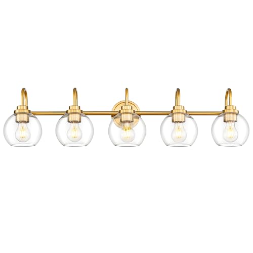 Image of Bathroom Light Fixtures, 5-Light Brushed Gold Vanity Lights with Globe Clear Glass, 35 Inch Champagne Bronze Vanity Lighting Fixtures Over Mirror, AD-22280-5W-GD