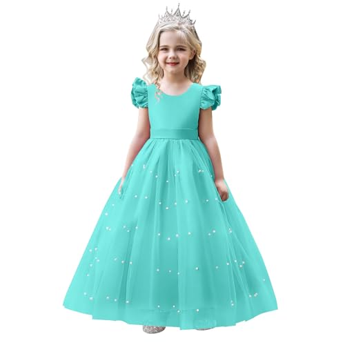 Flower Girl Dress Flying Sleeve Girls Pageant Dresses Pearls Tulle First Communion Dress V-Back Wedding Formal Ball Gown with Bow, Turquoise 13