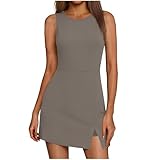 Women's Tennis Dress Mini Sleeveless Crew Neck Side Slit Athletic Romper Dresses Build in Shorts Workout Golf Outfits Brown
