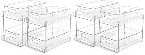 Image of Vtopmart 2 Tier Bathroom Storage Organizer, 4 Pack Clear Under Sink Organizers Vanity Counter Container, Cabinet Drawers Bins, Pull-Out Organization with Track for Pantry, Kitchen