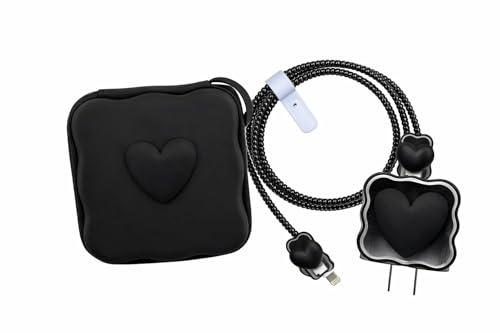 Image of CERLINK Charger Protector Combo Set for iPhone 18W /20W with Cute Protective Cover & Zipper Storage Pouch | Stylish Charging Accessory Gift Set (Black Heart)