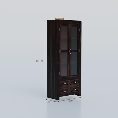 Image of Wood Book Shelf with Glass Door, Wooden Bookshelf for Home Library, Kitchen Crockery Cabinet, Study Room Furniture, Books Rack, Book Stand, BookCases, Bookshelves (Walnut Finish)