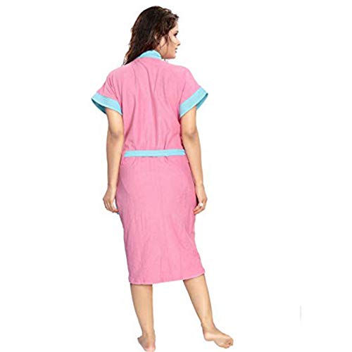 Image of Two Tone Cotton Half Sleeves Bathrobe for Women - Free Size fit Upto 42 inches-Ferozi Blue Pink