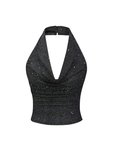 GORGLITTER Sommer Tops Damen Neckholder Top Glitzer Crop Tops Festival Outfit Sexy Party Top Glitzertop Sommermode Drapiertes Oberteil Schwarz L