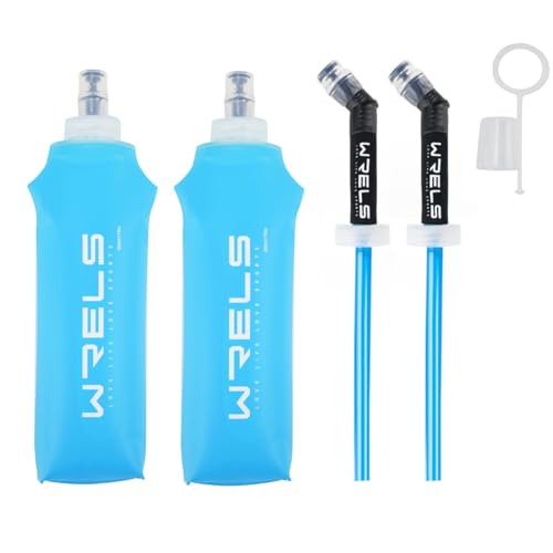 ソフトフラスク ハイドレーション ランニング ボトル 水筒 150ml/250ml/500ml 折りたたみ 防塵キャップ付き 軽量 トララン マラソン ハイキング 登山(水色,500ml*2+ストロー*2)（Amazon）