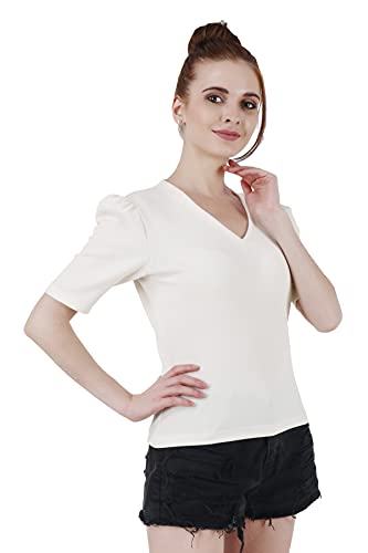 Image of POPWINGS Casual Solid Puff-Sleeves Crop Top for Women || V-Neck Crop Top for Women || Half-Sleeves Summer Crop Top for Women || Crop Tops for Women Fancy Crop Top for Women