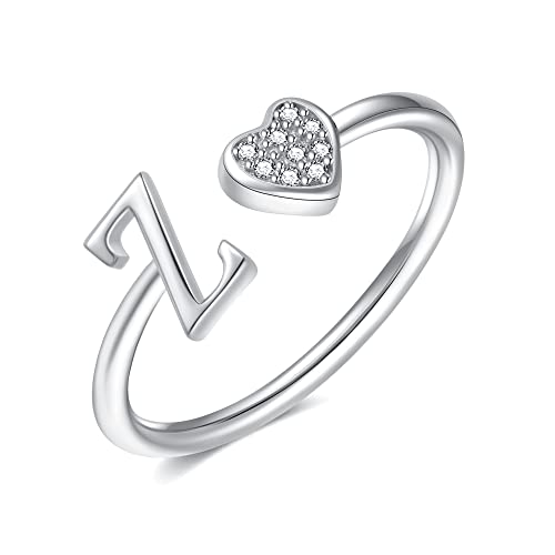 Image of Initial Rings for Teen Girls - S925 Heart Sterling Silver Rings for Teen Girls | 14K Gold /Rose Gold /Sterling Silver Plated Ring for Girls Kids Women Ring for Teenager Girls Gifts Adjustable, No Tarnish, Hypoallergenic